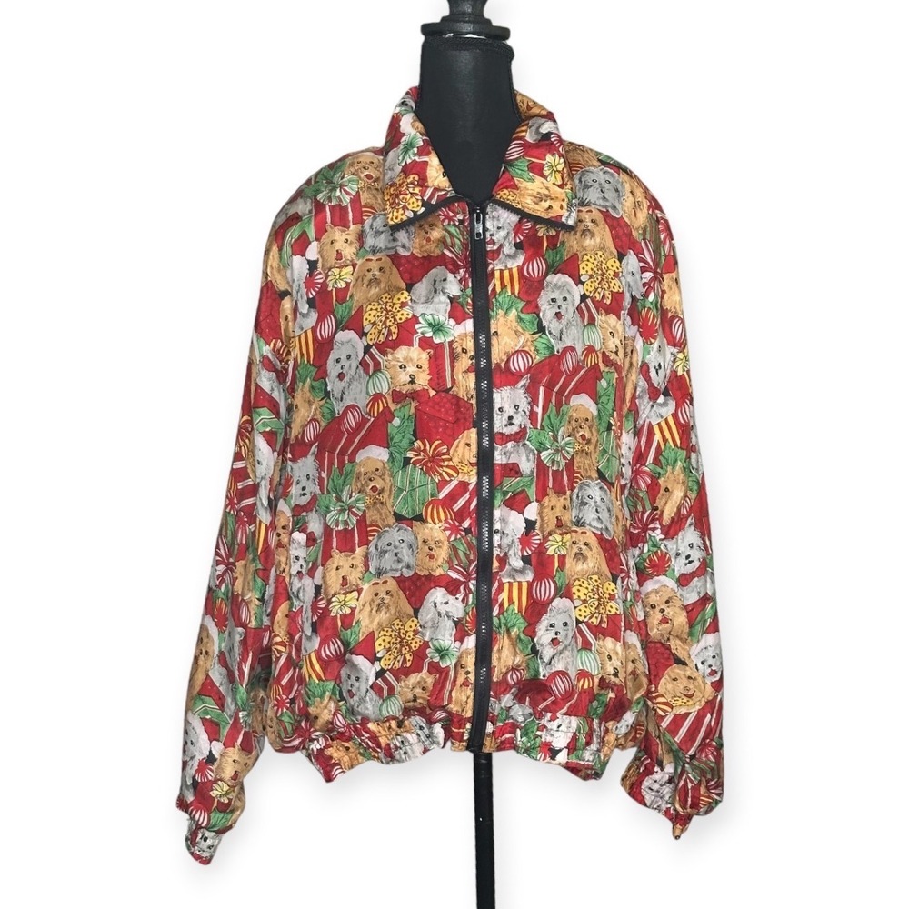 Silk Holiday Dog Print Bomber Jacket Red Vintage 90s Plus Size NWT Deadstock